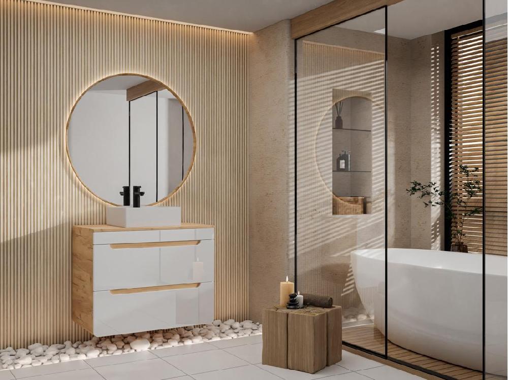 vente unique Meuble sous vasque suspendu avec planche - 80 cm - Naturel clair et blanc - ARUBA