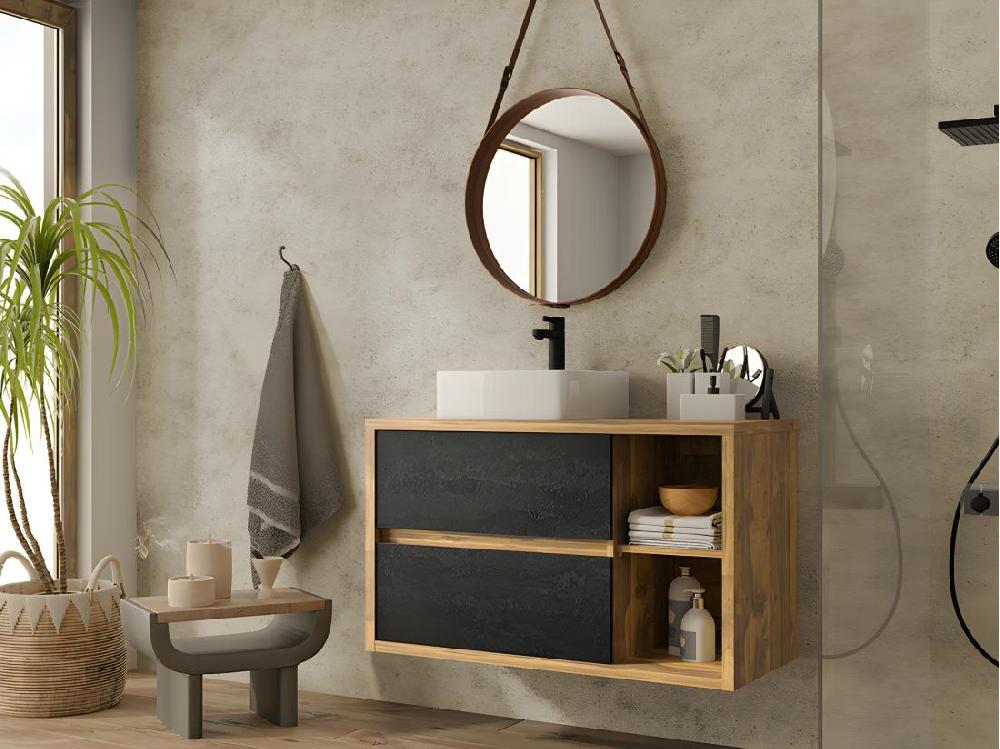 vente unique Meuble sous vasque suspendu coloris naturel et anthracite - 100 cm - TIKITIKI