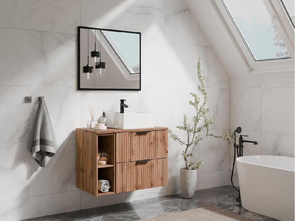 vente unique Meuble sous vasque suspendu strié avec niches - Naturel clair - L80 cm - ZEVARA