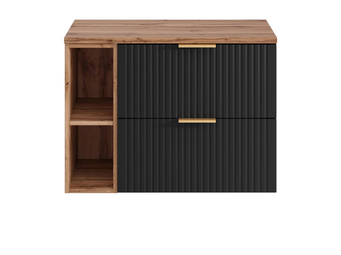 Vente Unique Meuble Sous Vasque Suspendu Strié Avec Niches - Noir Et Naturel Clair - L80 Cm - ZEVARA