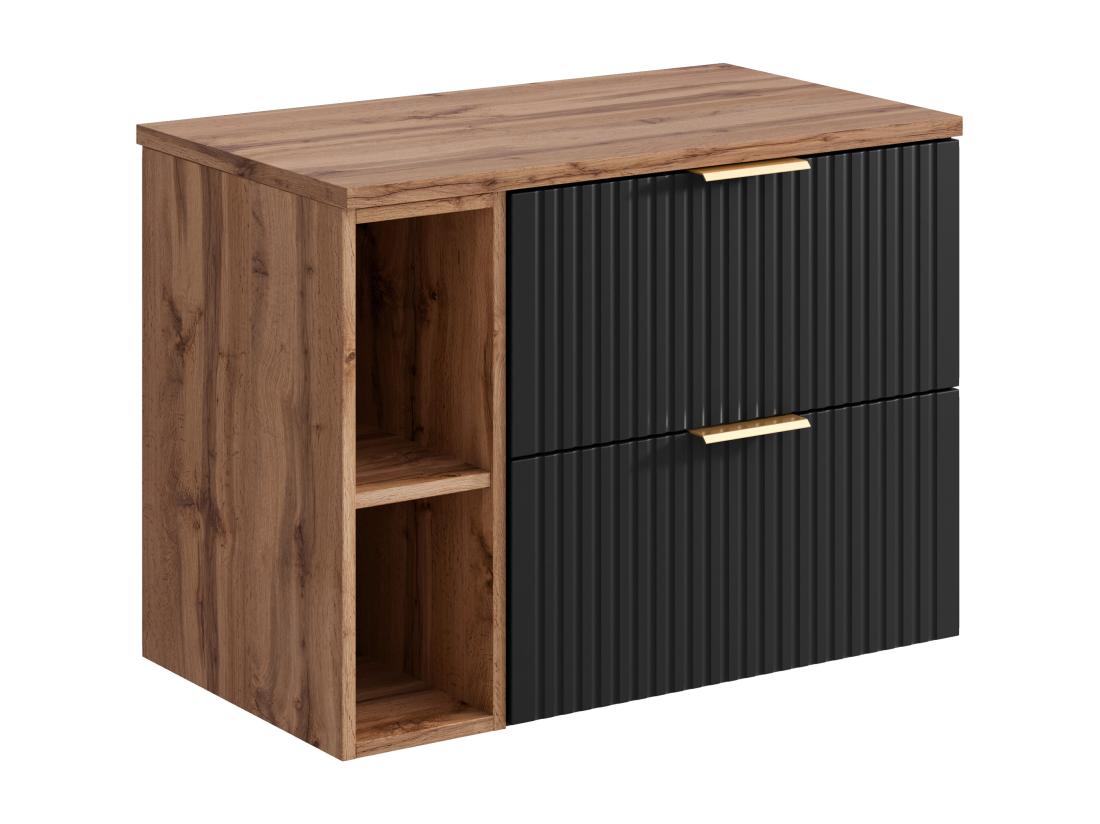 Vente Unique Meuble Sous Vasque Suspendu Strié Avec Niches - Noir Et Naturel Clair - L80 Cm - ZEVARA