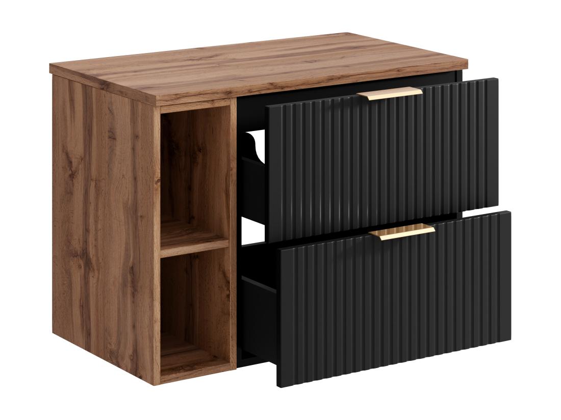 Vente Unique Meuble Sous Vasque Suspendu Strié Avec Niches - Noir Et Naturel Clair - L80 Cm - ZEVARA