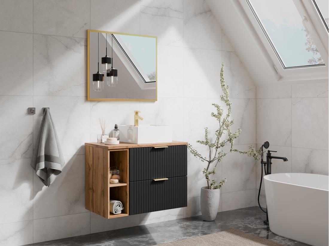 vente unique Meuble sous vasque suspendu strié avec niches - Noir et naturel clair - L80 cm - ZEVARA