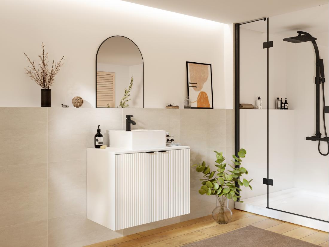 vente unique Meuble sous vasque suspendu strié avec planche - Blanc - 80 cm - PARMIZA