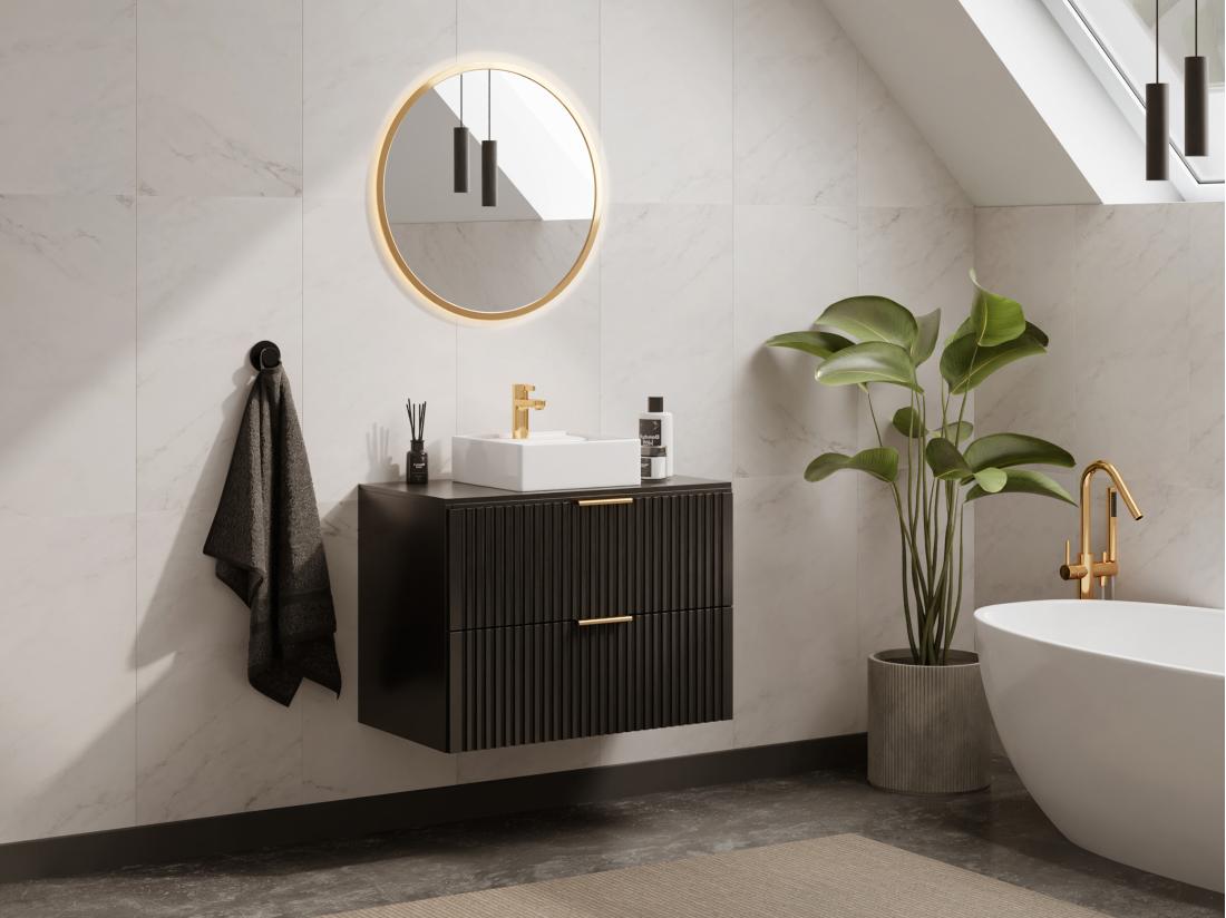 vente unique Meuble sous vasque suspendu strié avec planche - Noir - L80 cm - ZEVARA