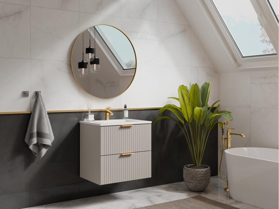 vente unique Meuble sous vasque suspendu strié - Beige - L60 cm - ZEVARA
