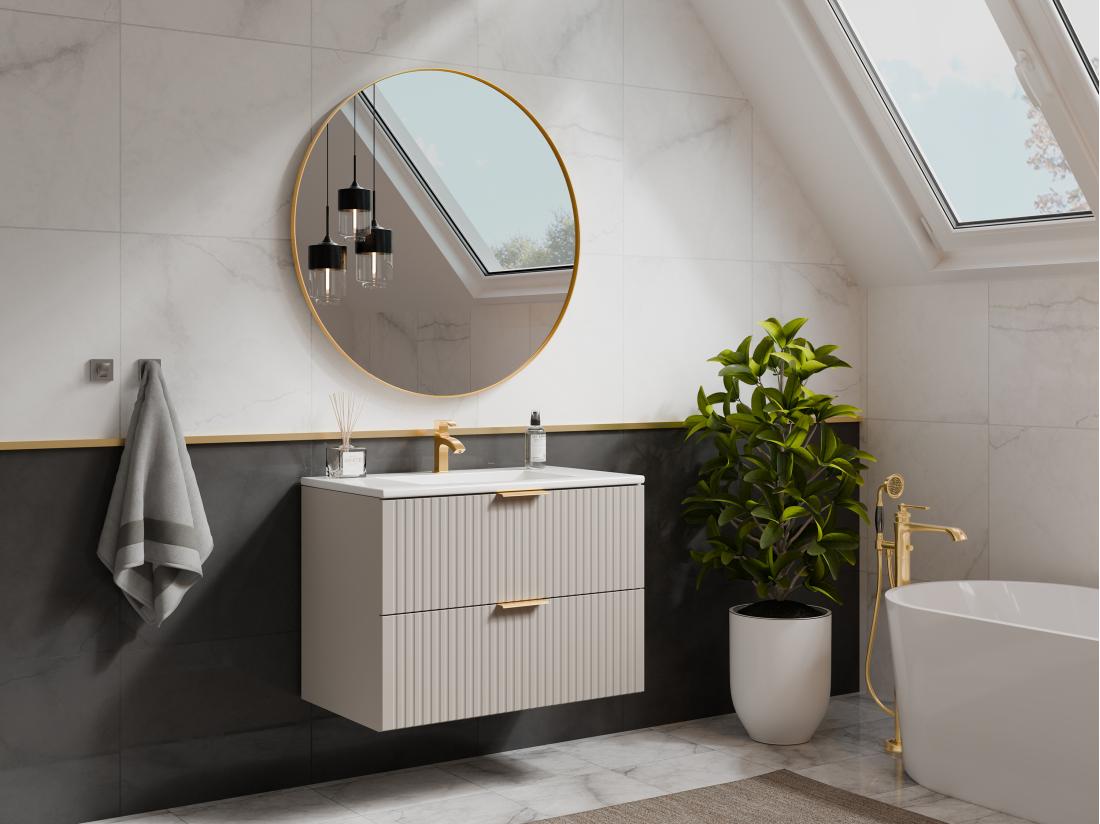 vente unique Meuble sous vasque suspendu strié - Beige - L80 cm - ZEVARA