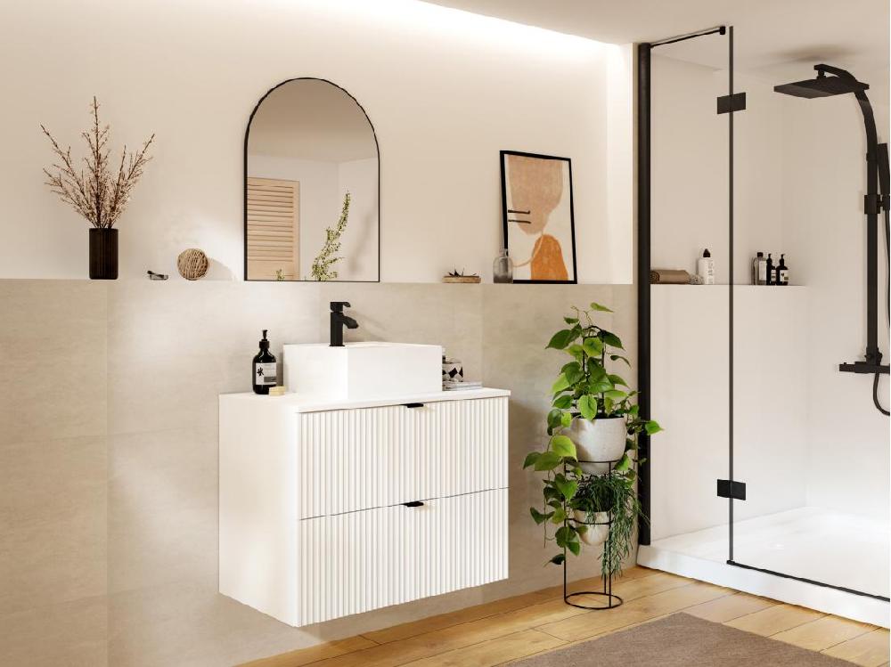 vente unique Meuble sous vasque suspendu strié - Blanc mat - 80 cm - ZEVINI