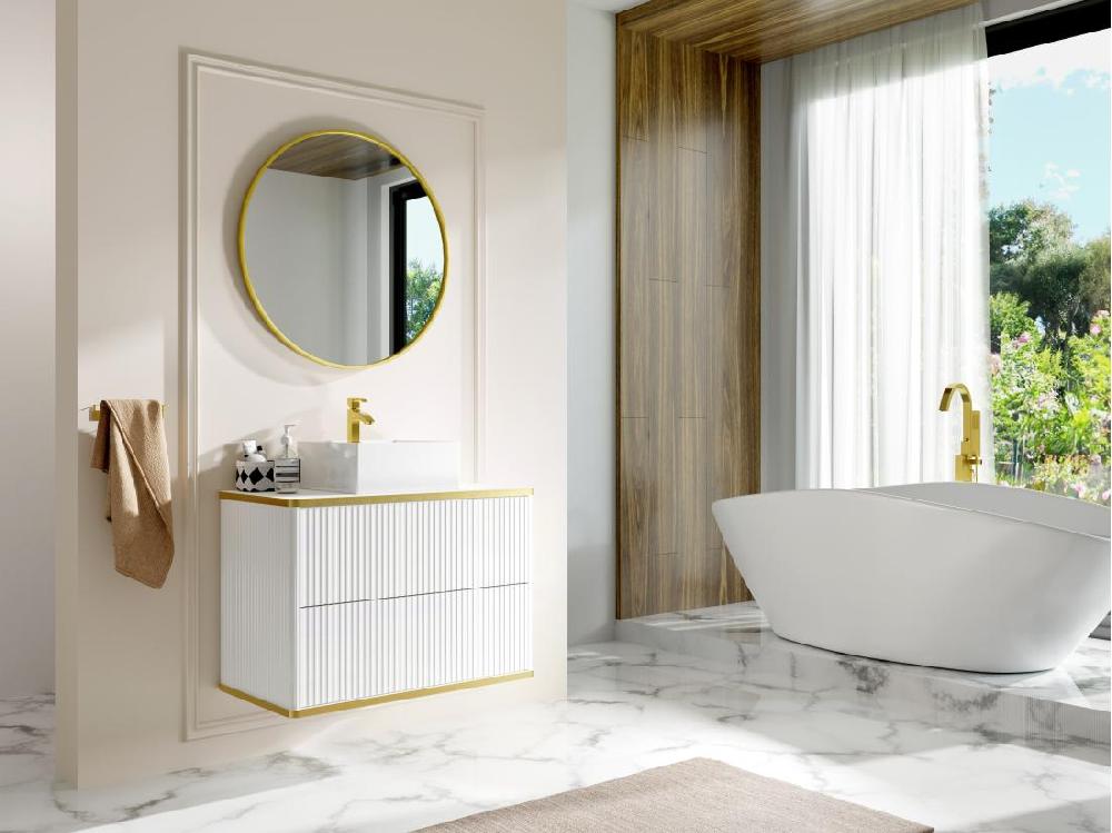 vente unique Meuble sous vasque suspendu strié liseré doré - Blanc - L80 cm - KELIZA