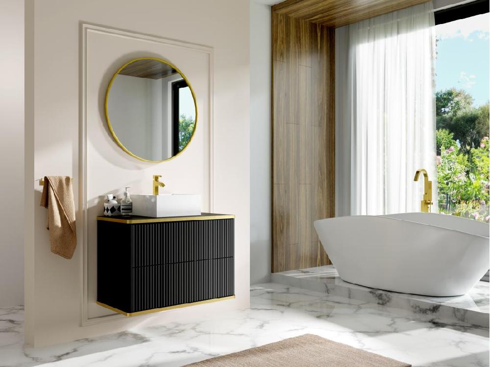 Vente Unique Meuble Sous Vasque Suspendu Strié Liseré Doré - Noir - L80 Cm - KELIZA