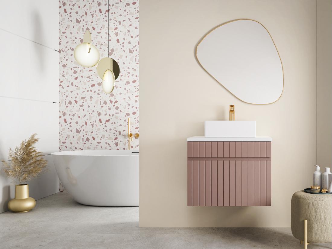 Vente Unique Meuble Sous Vasque Suspendu Strié Rose Avec Planche - 60 Cm - SATARA