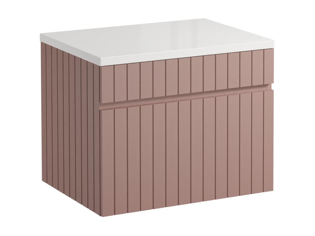 vente unique Meuble sous vasque suspendu strié rose avec planche - 60 cm - SATARA