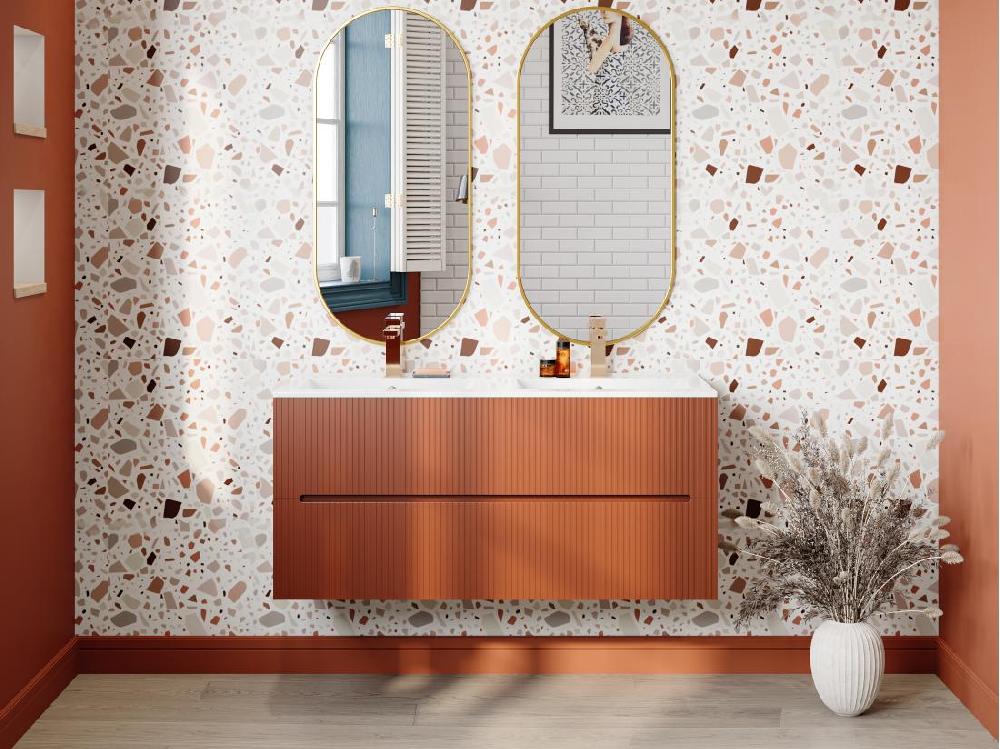 vente unique Meuble sous vasque suspendu strié terracotta - 120 cm - PAVANI