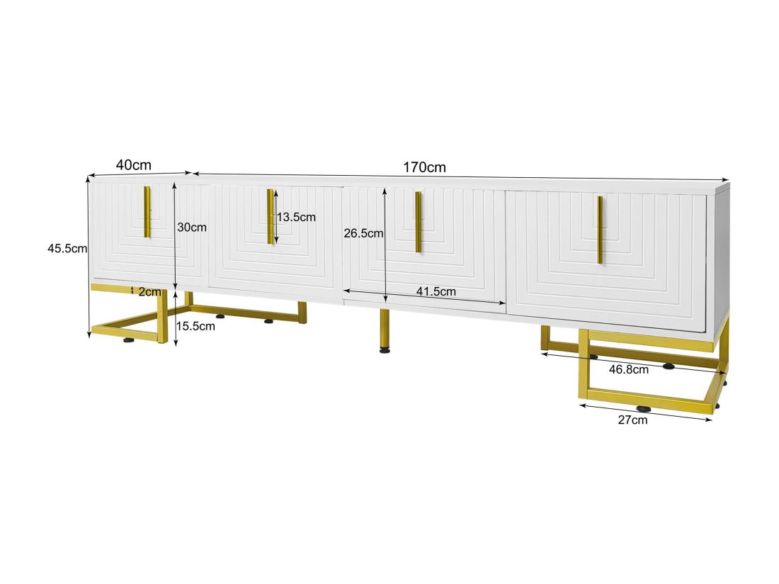 Vente Unique Meuble TV 170 Cm - Avec étagères Réglable - Poignées Et Pieds Dorés - Blanc