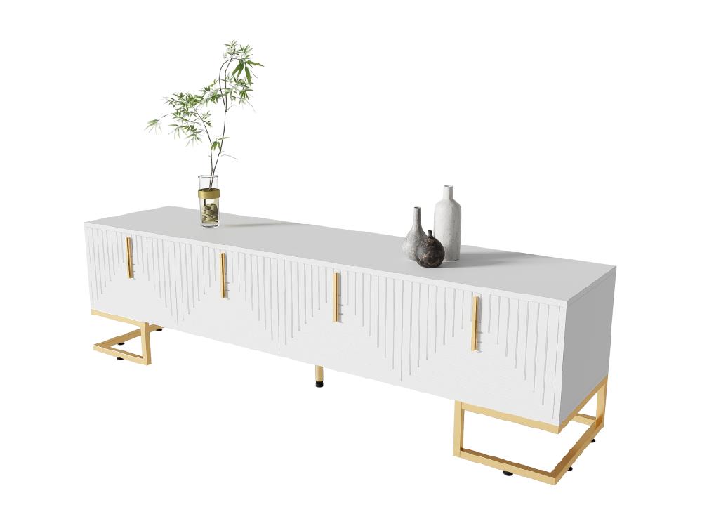 vente unique Meuble TV 170 cm - avec étagères réglable - poignées et pieds dorés - Blanc