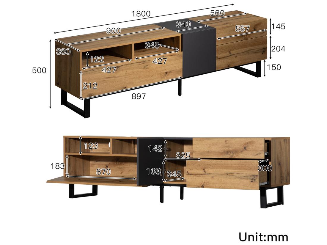 Vente Unique Meuble TV 180cm - 2 Tiroirs & 5 Compartiments - Style Industriel - Naturel