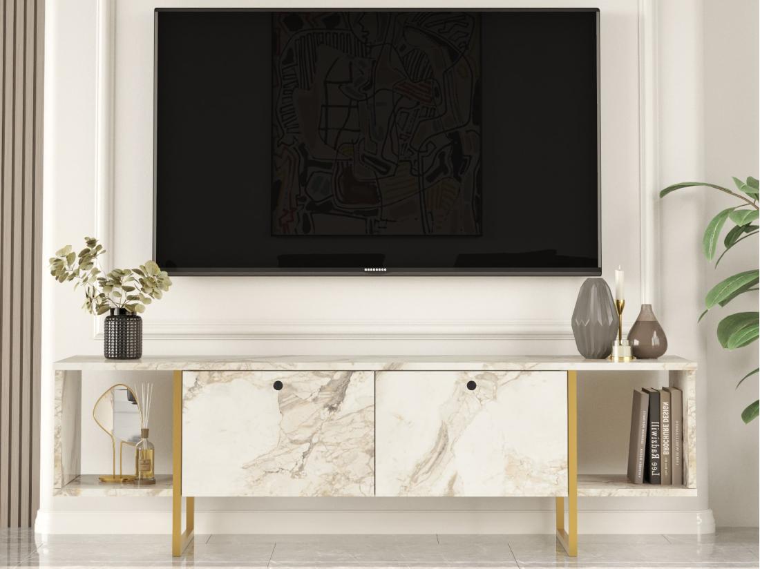 Vente Unique Meuble TV 2 Portes Et 2 étagères - Effet Marbre Blanc Et Doré - DERANA