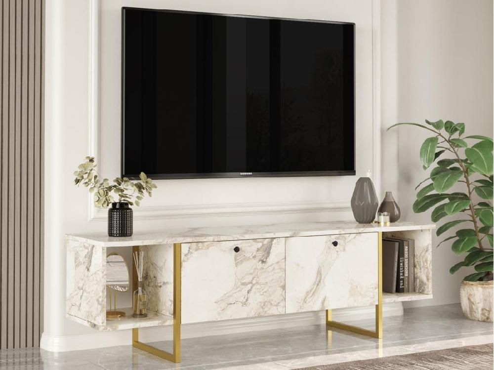 vente unique Meuble TV 2 portes et 2 étagères - Effet marbre blanc et Doré - DERANA