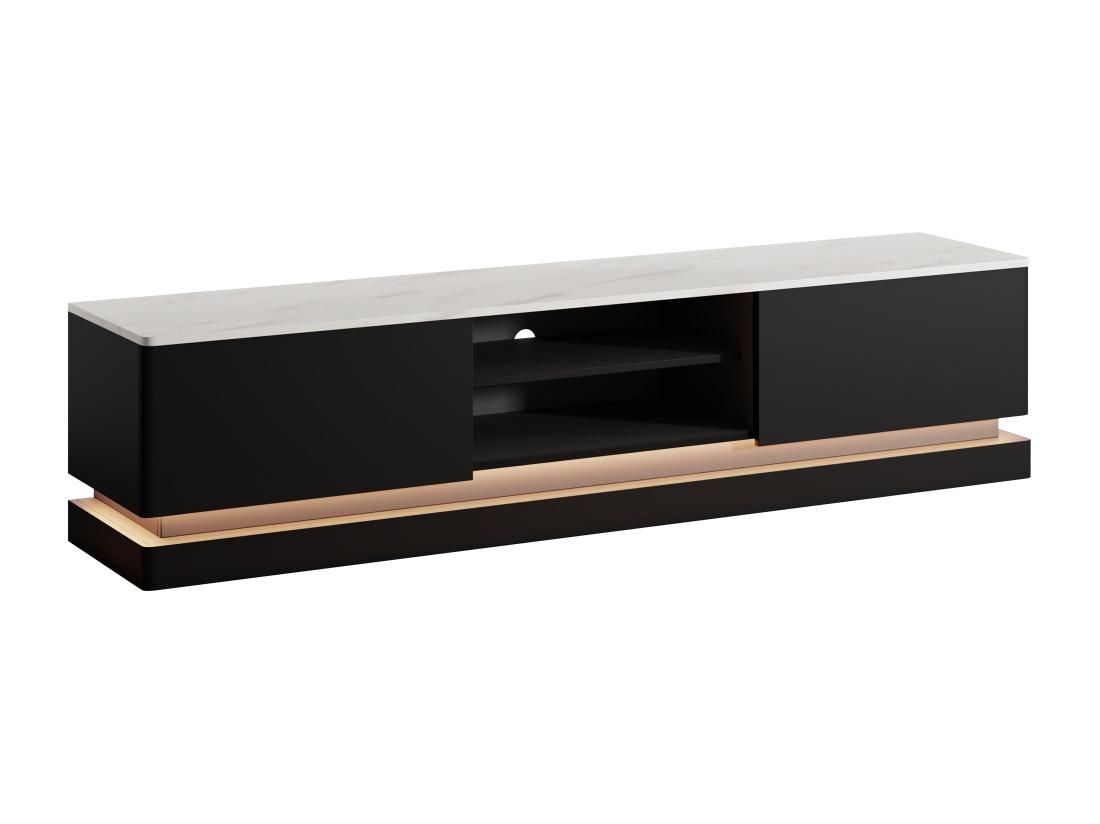 Vente Unique Meuble TV 2 Tiroirs Et 2 Niches Avec LEDs En MDF - Noir Et Effet Marbre Blanc - DEVIKA De Pascal MORABITO