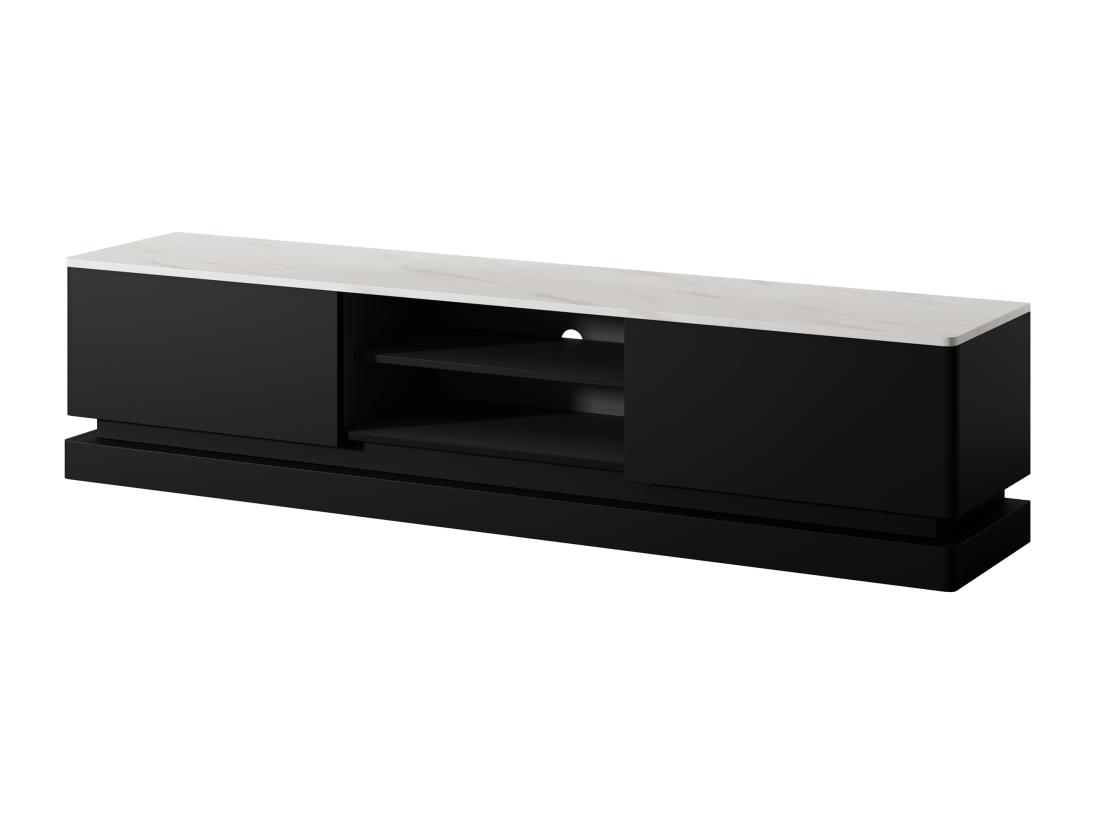 Vente Unique Meuble TV 2 Tiroirs Et 2 Niches Avec LEDs En MDF - Noir Et Effet Marbre Blanc - DEVIKA De Pascal MORABITO