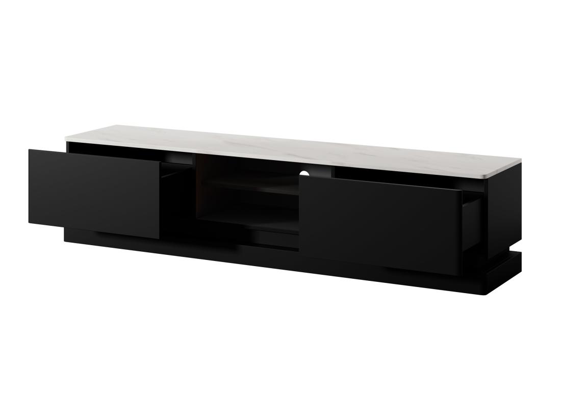 Vente Unique Meuble TV 2 Tiroirs Et 2 Niches Avec LEDs En MDF - Noir Et Effet Marbre Blanc - DEVIKA De Pascal MORABITO