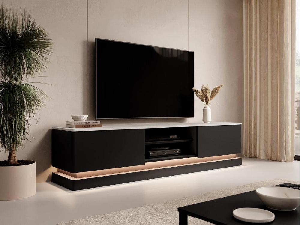vente unique Meuble TV 2 tiroirs et 2 niches avec LEDs en MDF - Noir et effet marbre blanc - DEVIKA de Pascal MORABITO