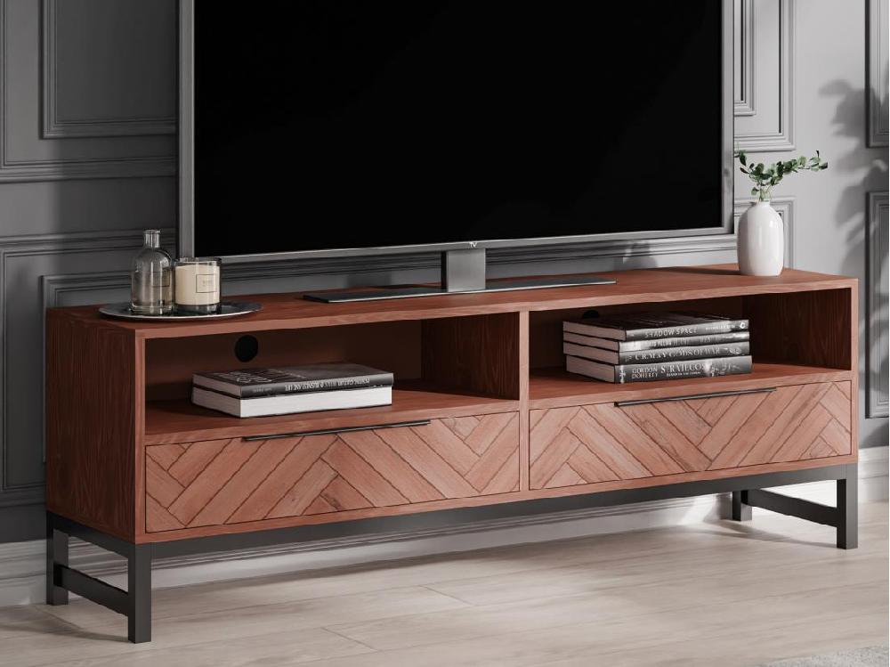 Vente Unique Meuble TV 2 Tiroirs Et 2 Niches En Bois D'acacia Et Métal - Naturel Et Noir - VEDILA