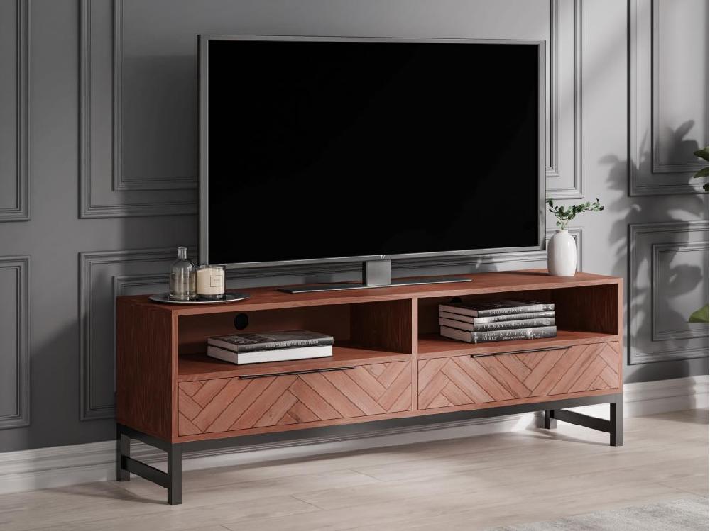 vente unique Meuble TV 2 tiroirs et 2 niches en bois d'acacia et métal - Naturel et noir - VEDILA