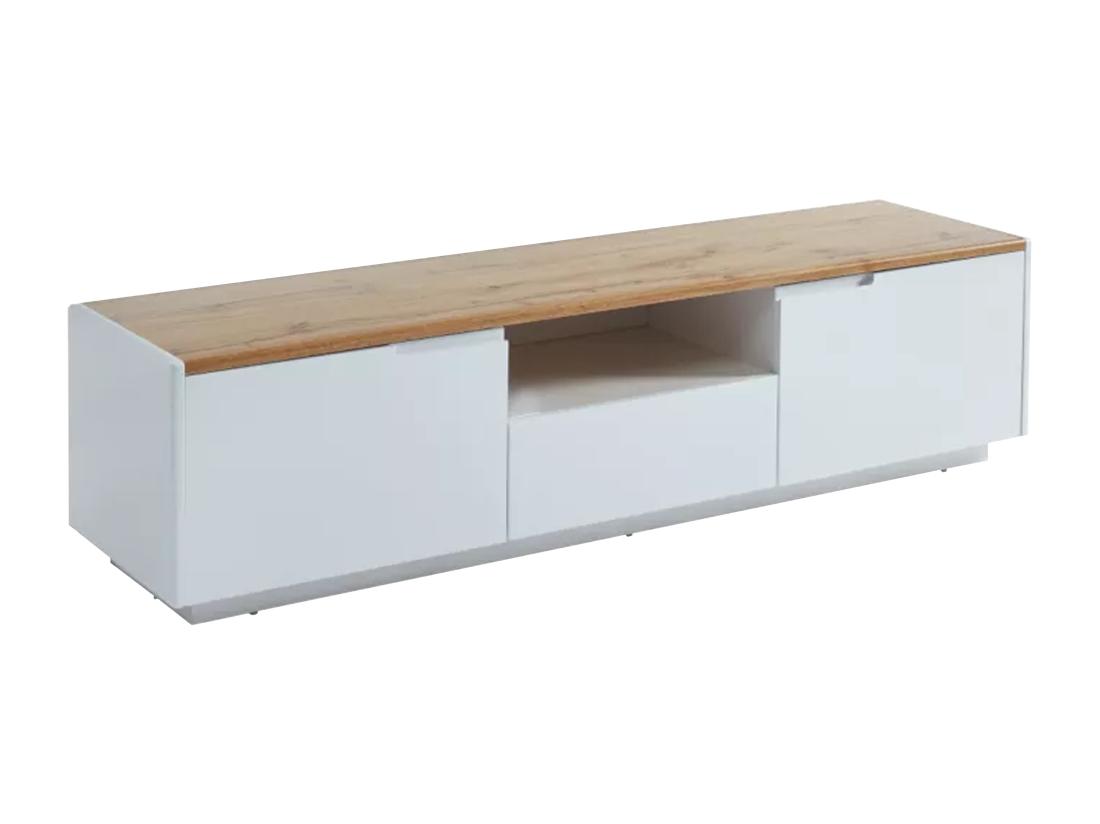 Vente Unique Meuble TV AMANI - 2 Portes & 1 Tiroir - MDF - Coloris: Blanc Laqué Et Chêne