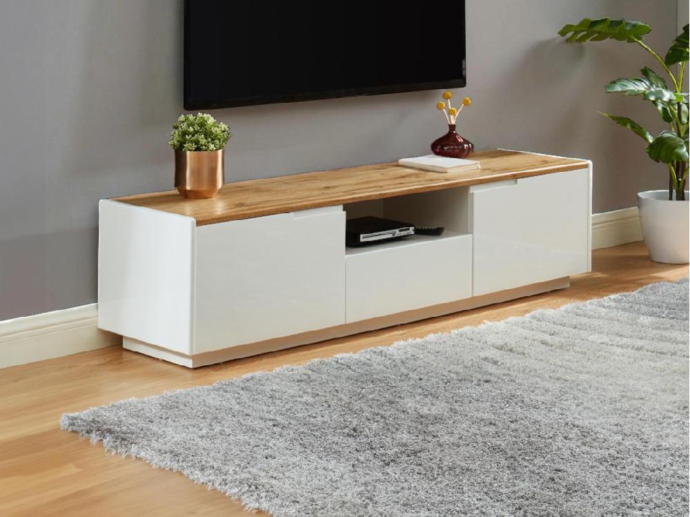vente unique Meuble TV AMANI - 2 portes & 1 tiroir - MDF - Coloris: Blanc laqué et chêne