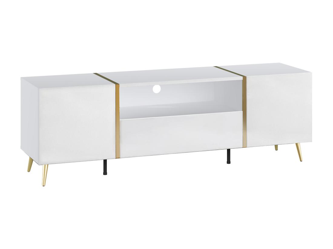 Vente Unique Meuble TV Avec 2 Portes 1 Tiroir Et 1 Niche - Blanc Brillant Et Doré - MARZIALO