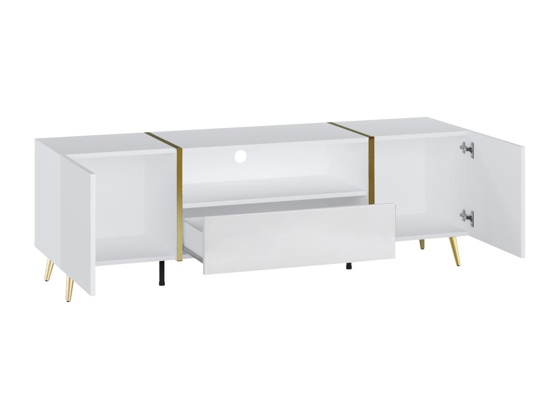Vente Unique Meuble TV Avec 2 Portes 1 Tiroir Et 1 Niche - Blanc Brillant Et Doré - MARZIALO