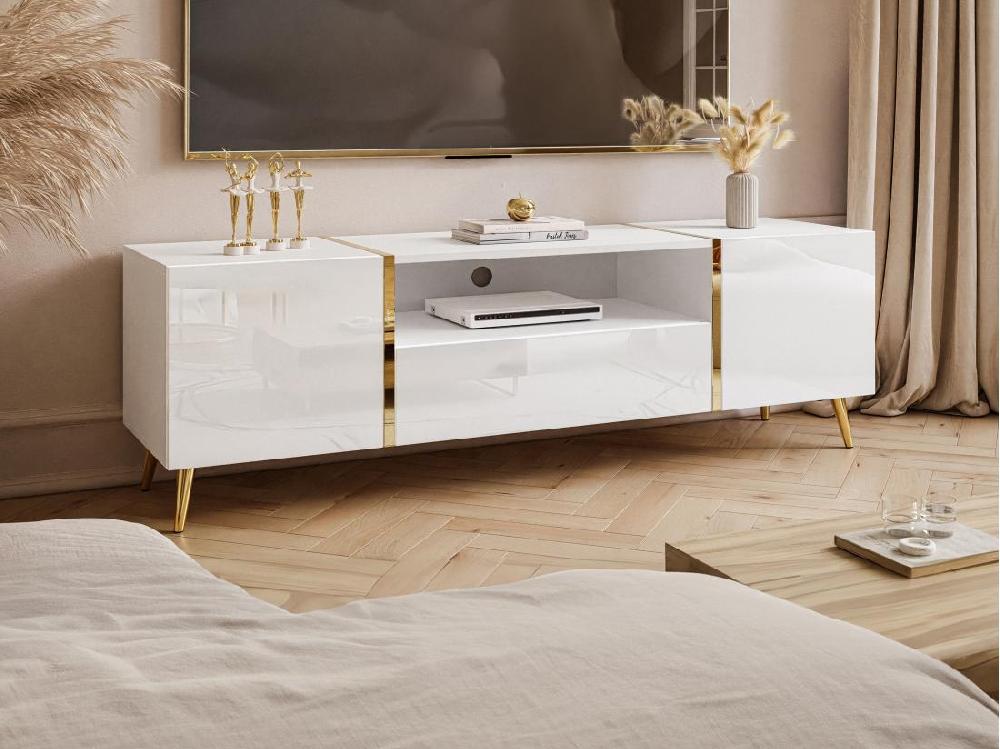 vente unique Meuble TV avec 2 portes 1 tiroir et 1 niche - Blanc brillant et Doré - MARZIALO