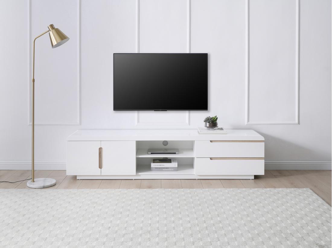 vente unique Meuble TV avec 2 portes 2 tiroirs et 2 niches - Blanc et naturel - NURINI