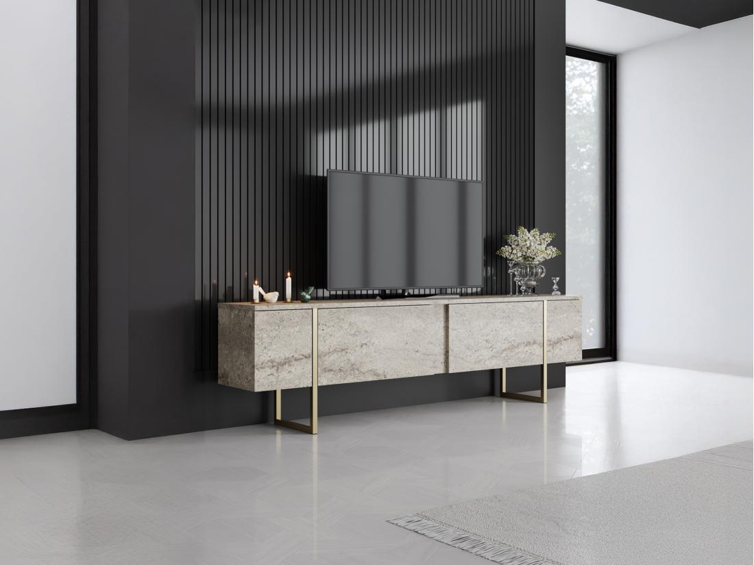 vente unique Meuble TV avec 2 portes - Effet travertin beige et doré - ZIRELDA