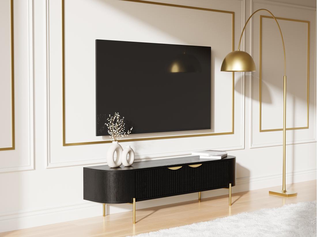 vente unique Meuble TV avec 2 portes en bois de manguier et métal doré - Noir - NEVILI de Maison Céphy