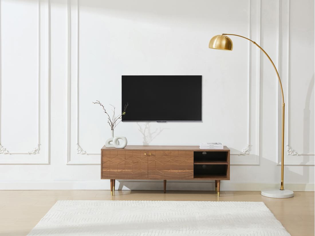 vente unique Meuble TV avec 2 portes et 2 niches placage noyer - Naturel et doré - PARIOMA