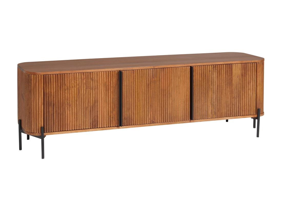Vente Unique Meuble TV Avec 3 Portes En Bois De Manguier Et Métal - Naturel Et Noir - BALIMELA