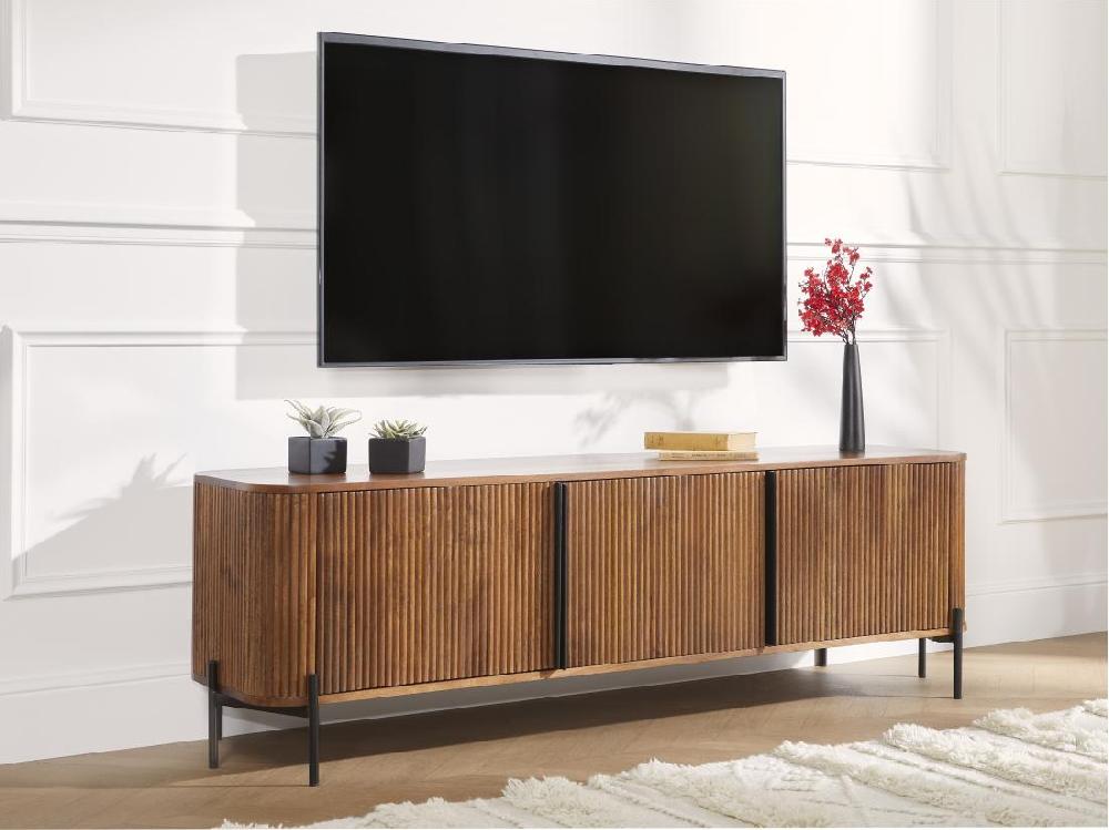 vente unique Meuble TV avec 3 portes en bois de manguier et métal - Naturel et noir - BALIMELA