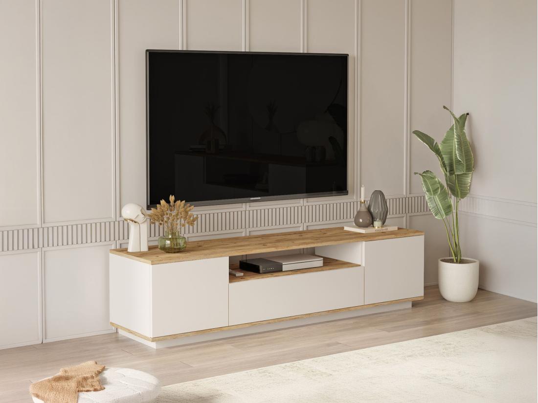 Vente Unique Meuble TV Avec 3 Portes Et 1 Niche - Beige Et Naturel - LOTULA