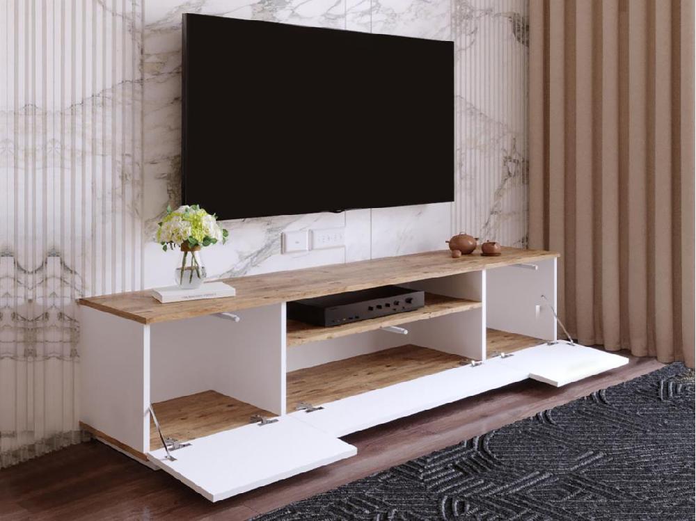 vente Unique Meuble TV Avec 3 Portes Et 1 Niche - Blanc Et Naturel - LOTULA