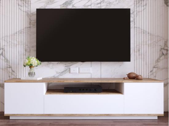 vente Unique Meuble TV Avec 3 Portes Et 1 Niche - Blanc Et Naturel - LOTULA