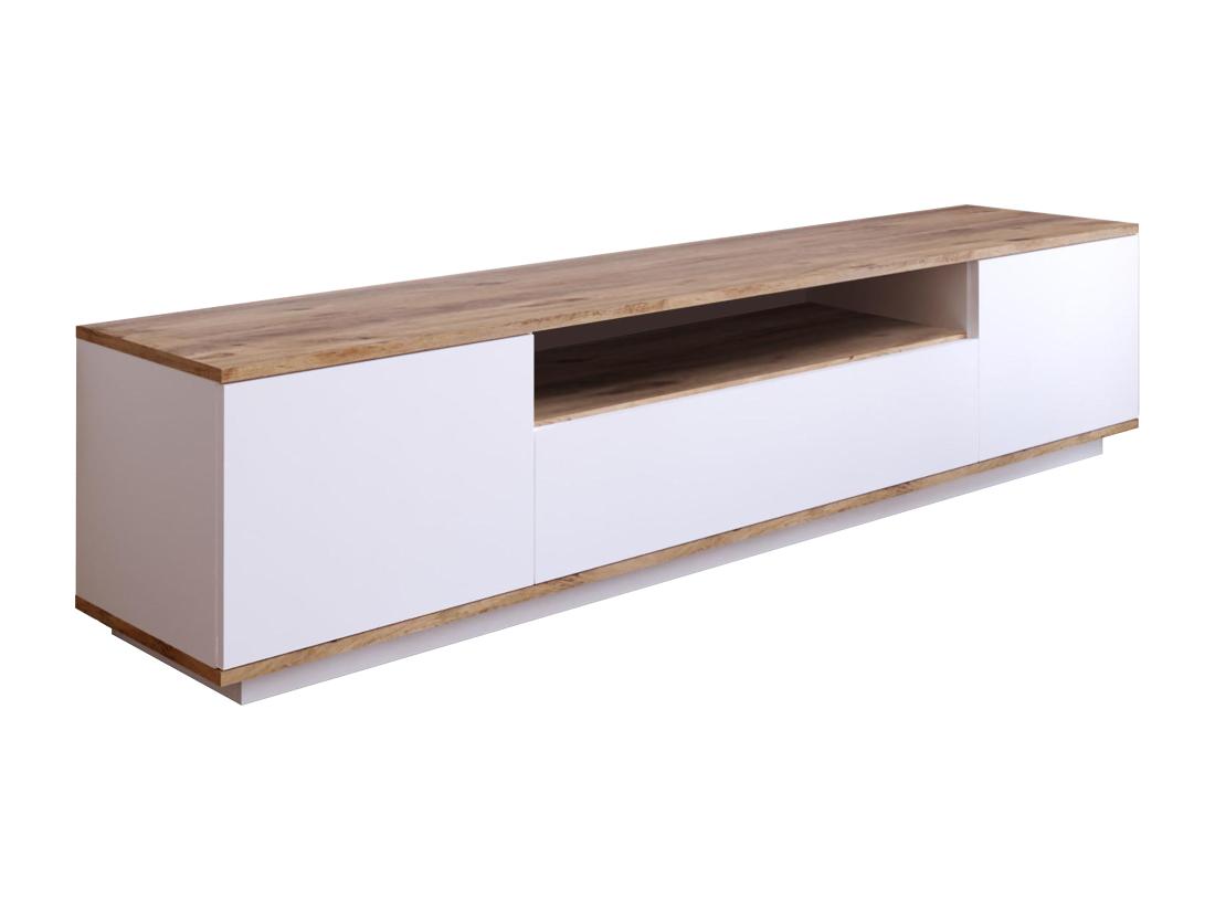 vente Unique Meuble TV Avec 3 Portes Et 1 Niche - Blanc Et Naturel - LOTULA