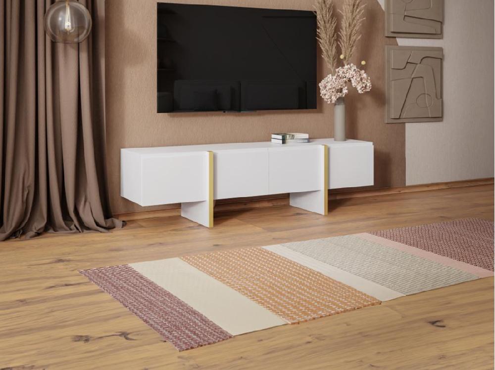 vente unique Meuble TV avec 4 portes en MDF - Blanc et Doré - LUVONIA