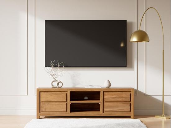 vente unique Meuble TV avec 4 tiroirs et 2 niches en bois de teck - Naturel - ALEMIA