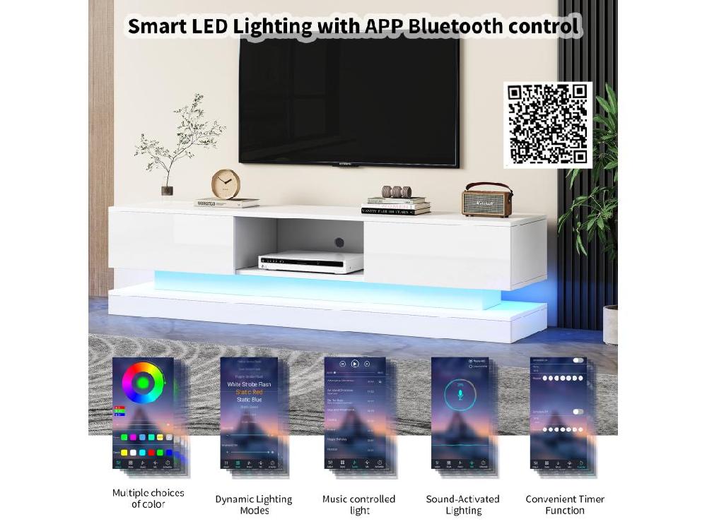 Vente Unique Meuble TV avec LED 160cm - 2 tiroirs et 1 Compartiment Ouvert - adapté Pour TV 60" - Blanc