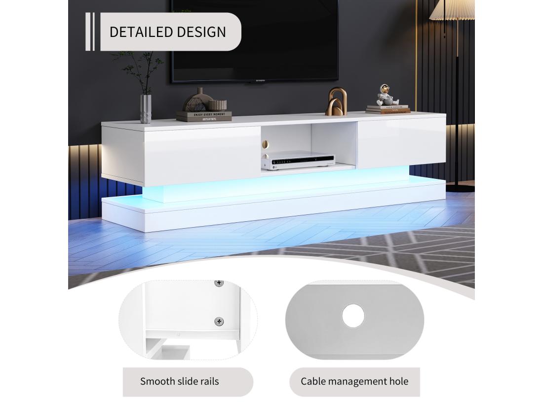 Vente Unique Meuble TV avec LED 160cm - 2 tiroirs et 1 Compartiment Ouvert - adapté Pour TV 60" - Blanc