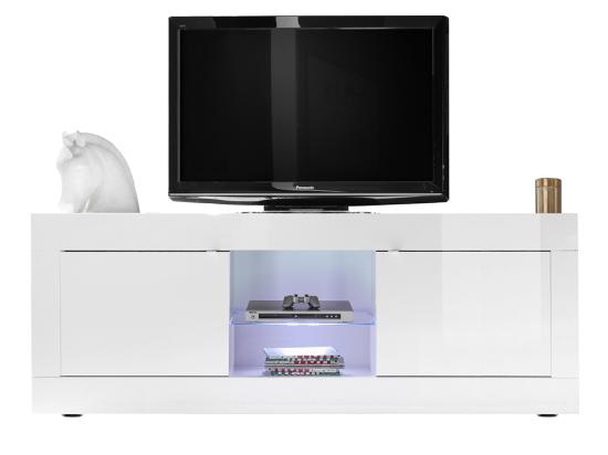 Vente Unique Meuble TV COMETE - LEDs - 2 Portes - Blanc Laqué