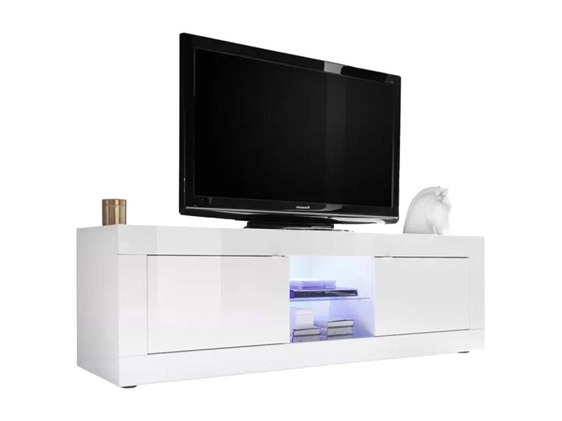 Vente Unique Meuble TV COMETE - LEDs - 2 Portes - Blanc Laqué
