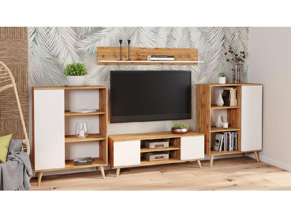 Vente Unique Meuble TV Focus Chêne Doré - Blanc Pieds Bois Style Scandinave